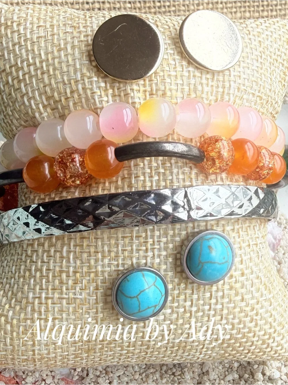 QUARTZ AND JADE Orange Agate Bead Bracelet with Silver turquoise stud set